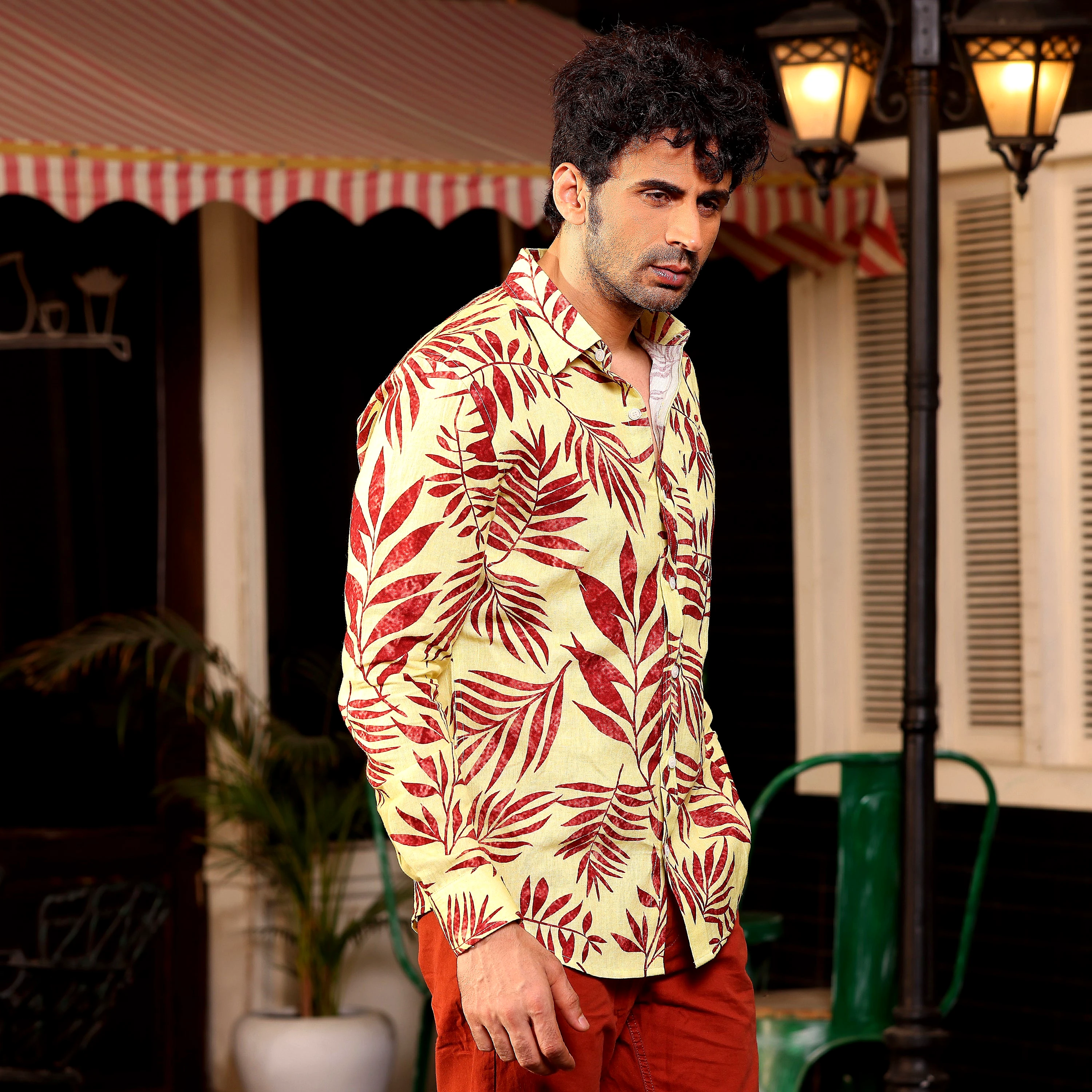 Tropical Maroon Leaves Banana Yellow Casual Pure Linen Full Shirt (Size - XL) by BLUE EAGLE view 2