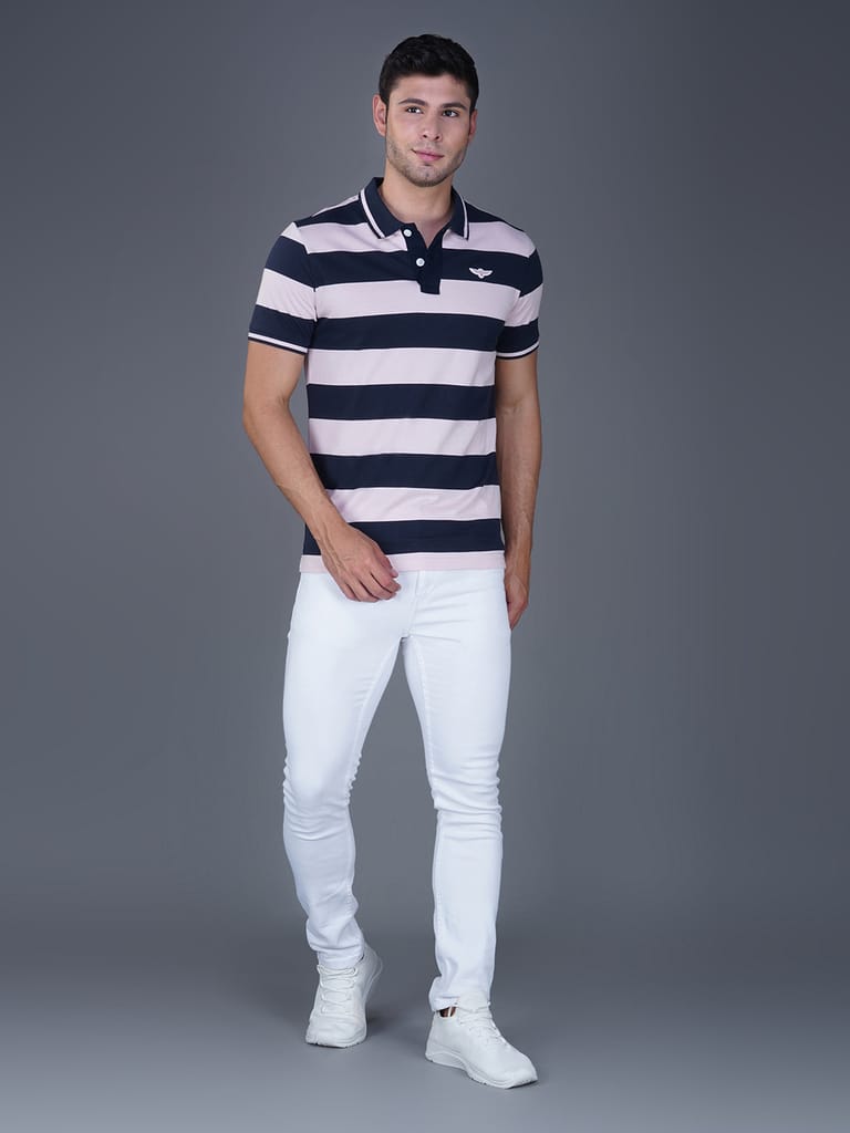 Men's Stripe Polo T-shirt Navy-Pink