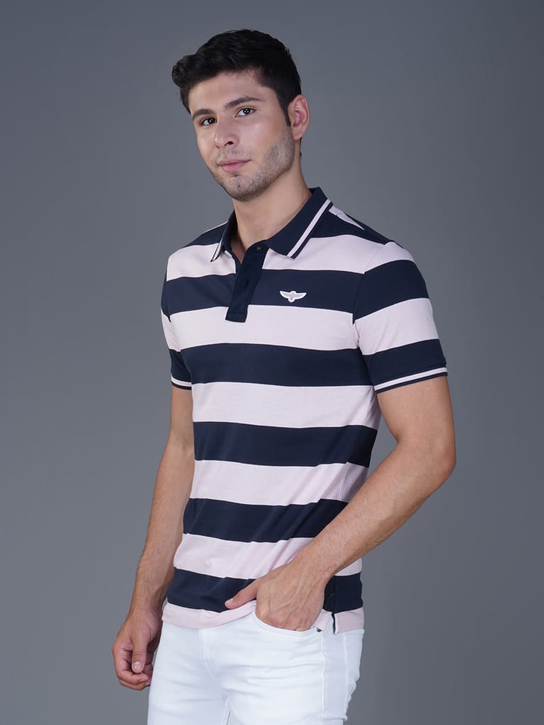 Men's Stripe Polo T-shirt Navy-Pink view 2