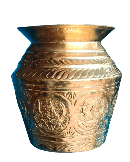 "Traditional Indian Brass Kalash with intricate carvings"(Ashtalakshmi Binde)