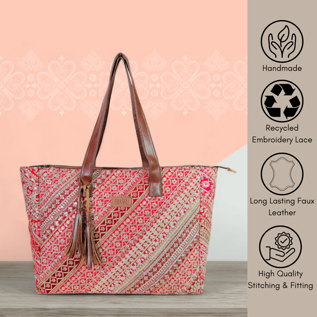 PRASHU Recycled Embroidery Lace Tote Bag Women Handbag For Office, Shopping,Travel & Gifting Shoulder Bag For Women & Girls view 2