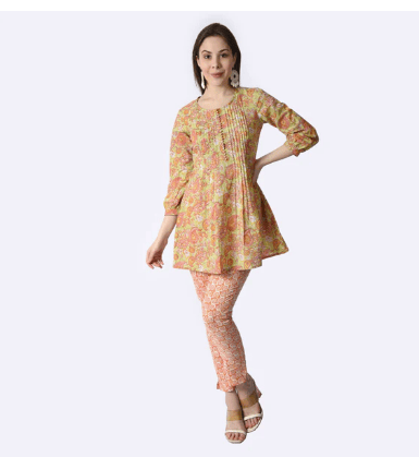 ORANGE/PISTA GREEN HANDBLOCK PRINTED CO-ORD SET OF 2 view 2