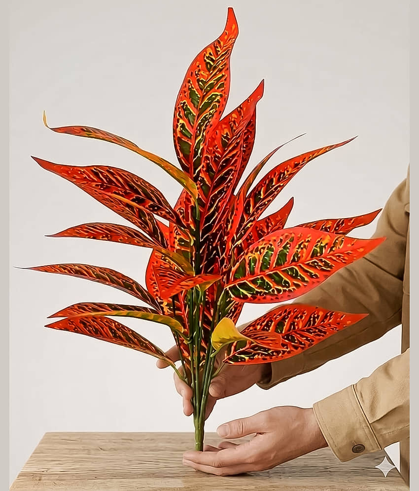 Home Decor Premium Artificial Croton Plant Bush (Multicolor, Pack of 1) - Lifelike Plastic Faux Tropical Leaves Bunch for Living Room & Office Decoration (Without Pot)30cm