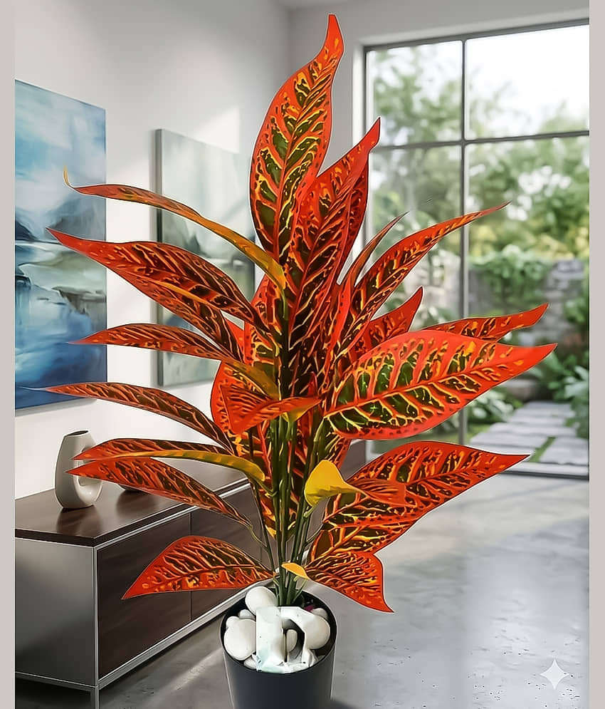 Home Decor Premium Artificial Croton Plant Bush (Multicolor, Pack of 1) - Lifelike Plastic Faux Tropical Leaves Bunch for Living Room & Office Decoration (Without Pot)30cm view 2