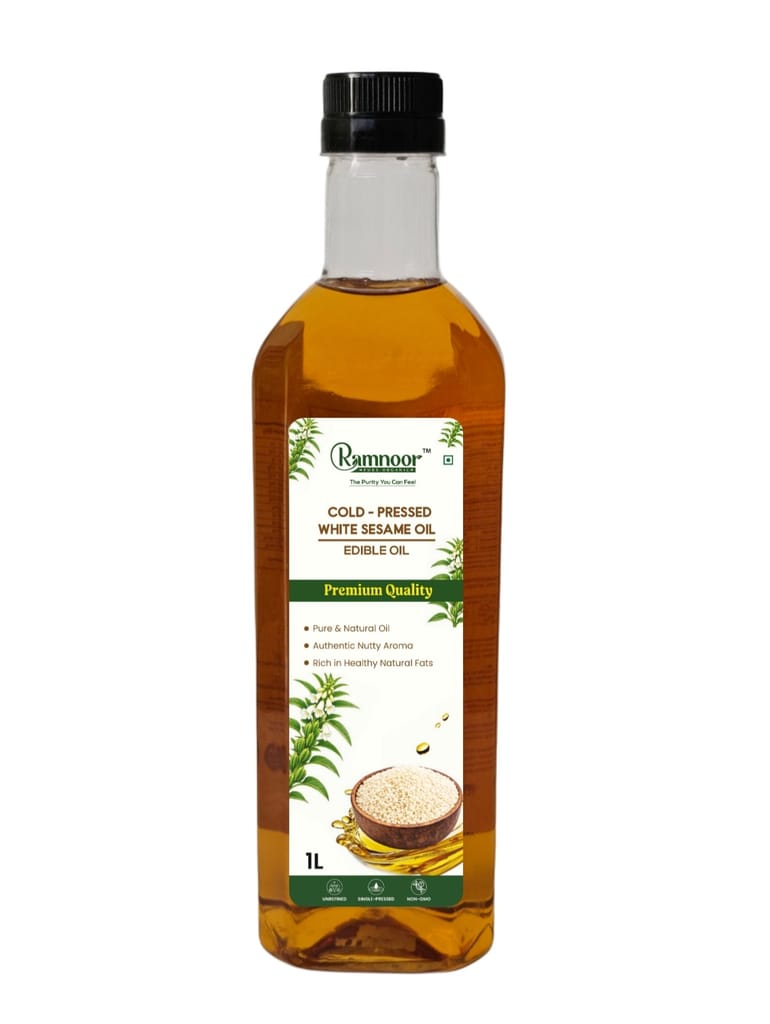 Ramnoor Pure Organic Cold Pressed White Sesame Oil 1L | Kachi Ghani Til Oil | Unrefined | Strong Aroma Cooking Oil