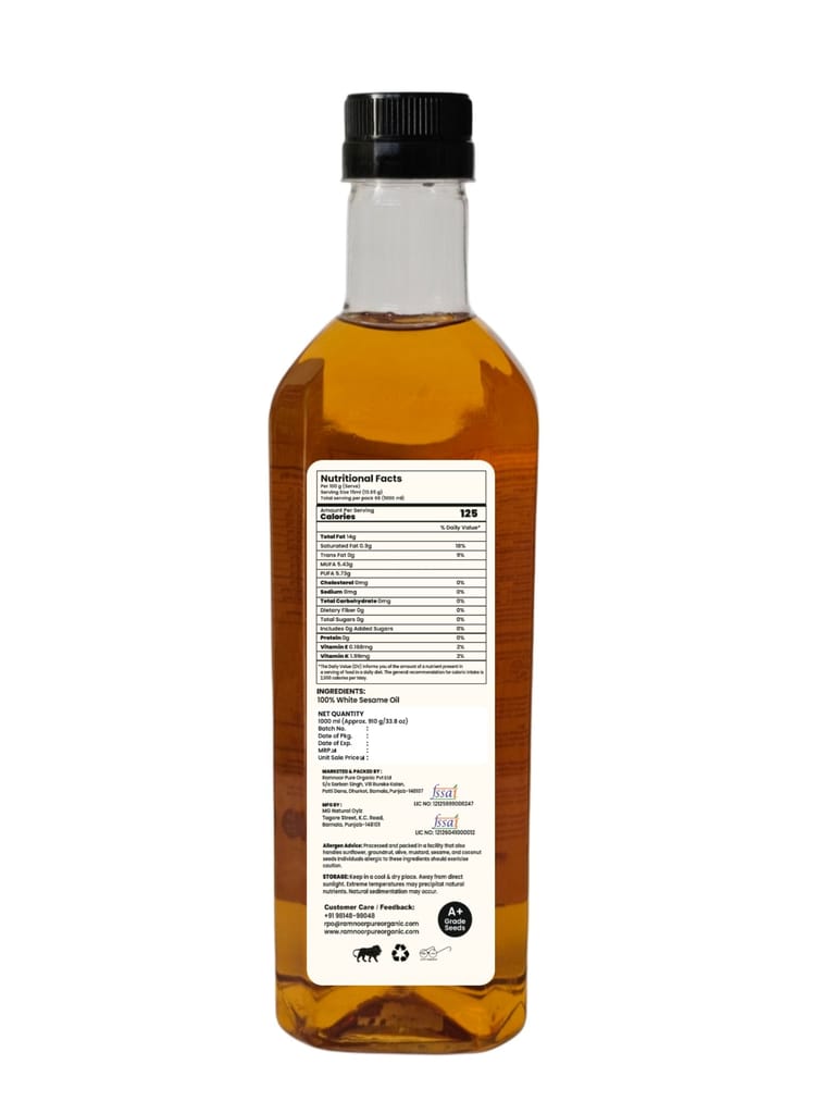 Ramnoor Pure Organic Cold Pressed White Sesame Oil 1L | Kachi Ghani Til Oil | Unrefined | Strong Aroma Cooking Oil view 2