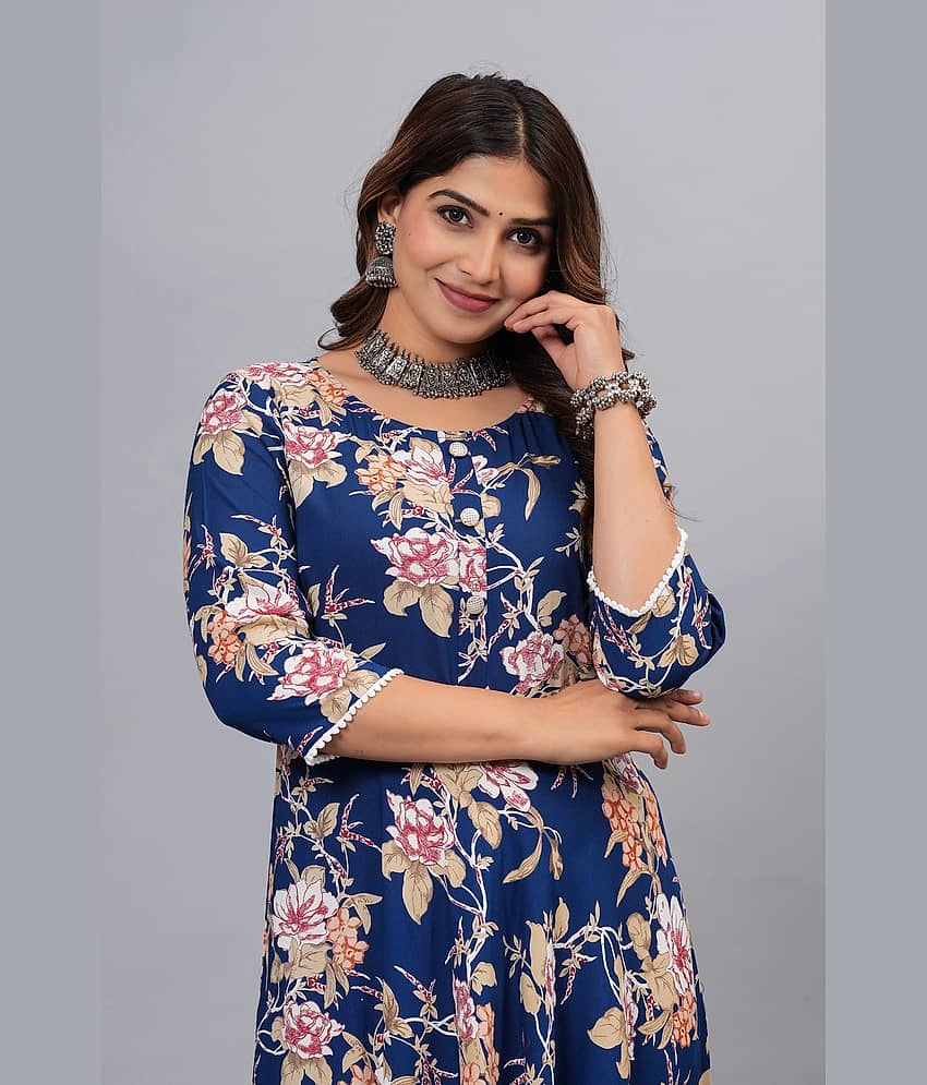 CTMTEX Rayon Printed Anarkali Women's Kurti - Blue ( Pack of 1 ) view 2