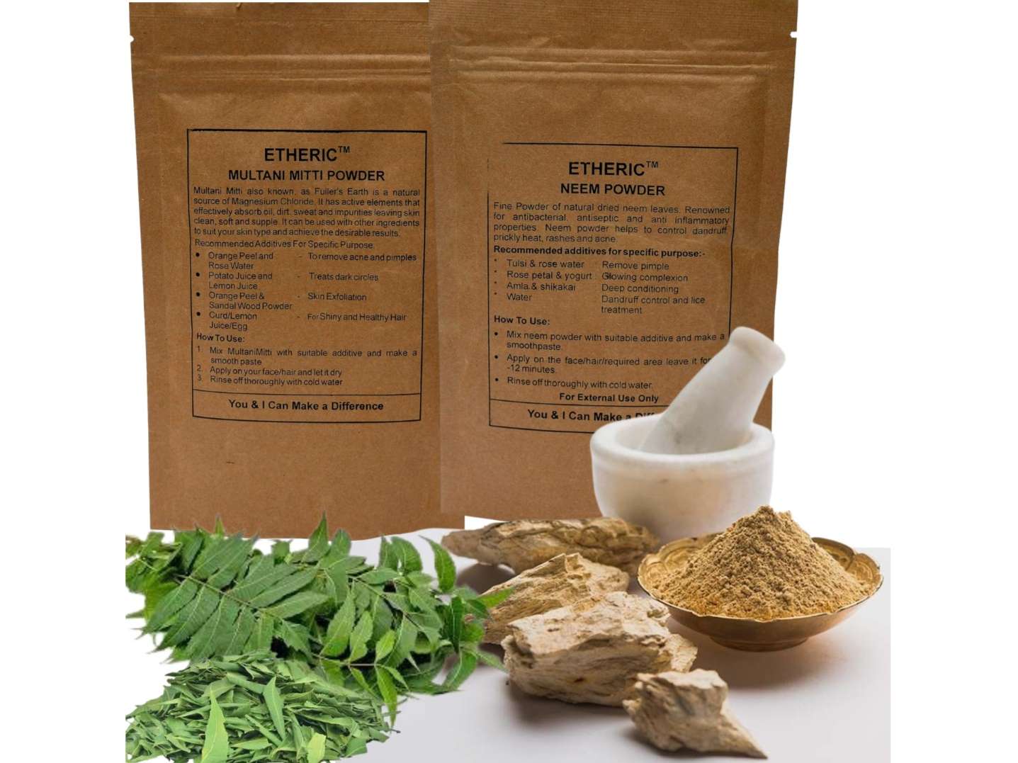 Etheric Neem Powder & Multani Mitti Powder for Skin Tanning, SunBurn & Ghamoriya (100X2 gm) view 2