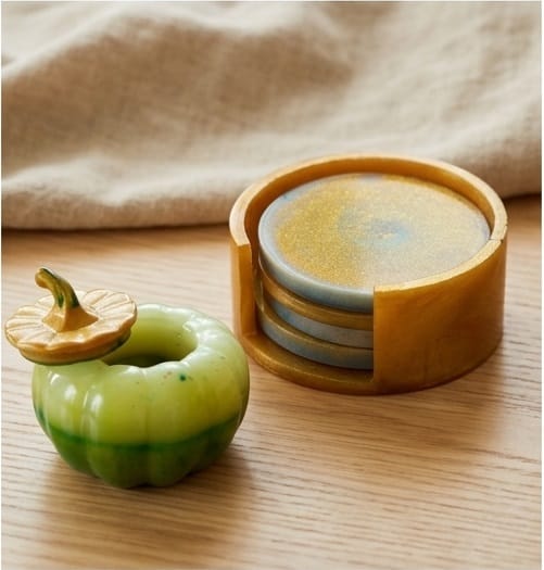 The Opulent Curation Set with Resin Coasters and Jade Pumpkin Box view 2