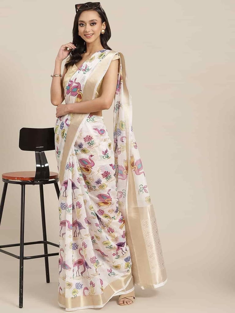 Women's Coral White Zari Woven Digital Print Design With Unstiched Blouse Piece view 2