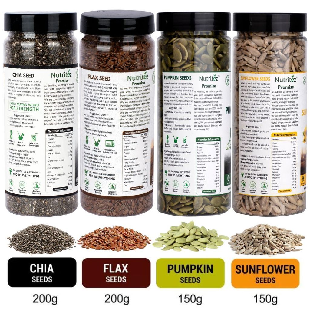 Nutritoz Natural Raw Combo Seeds Value Pack Chia Seeds, Flax Seeds, Pumpkin Seeds, Sunflower Seeds (700 g, Pack of 4) view 2