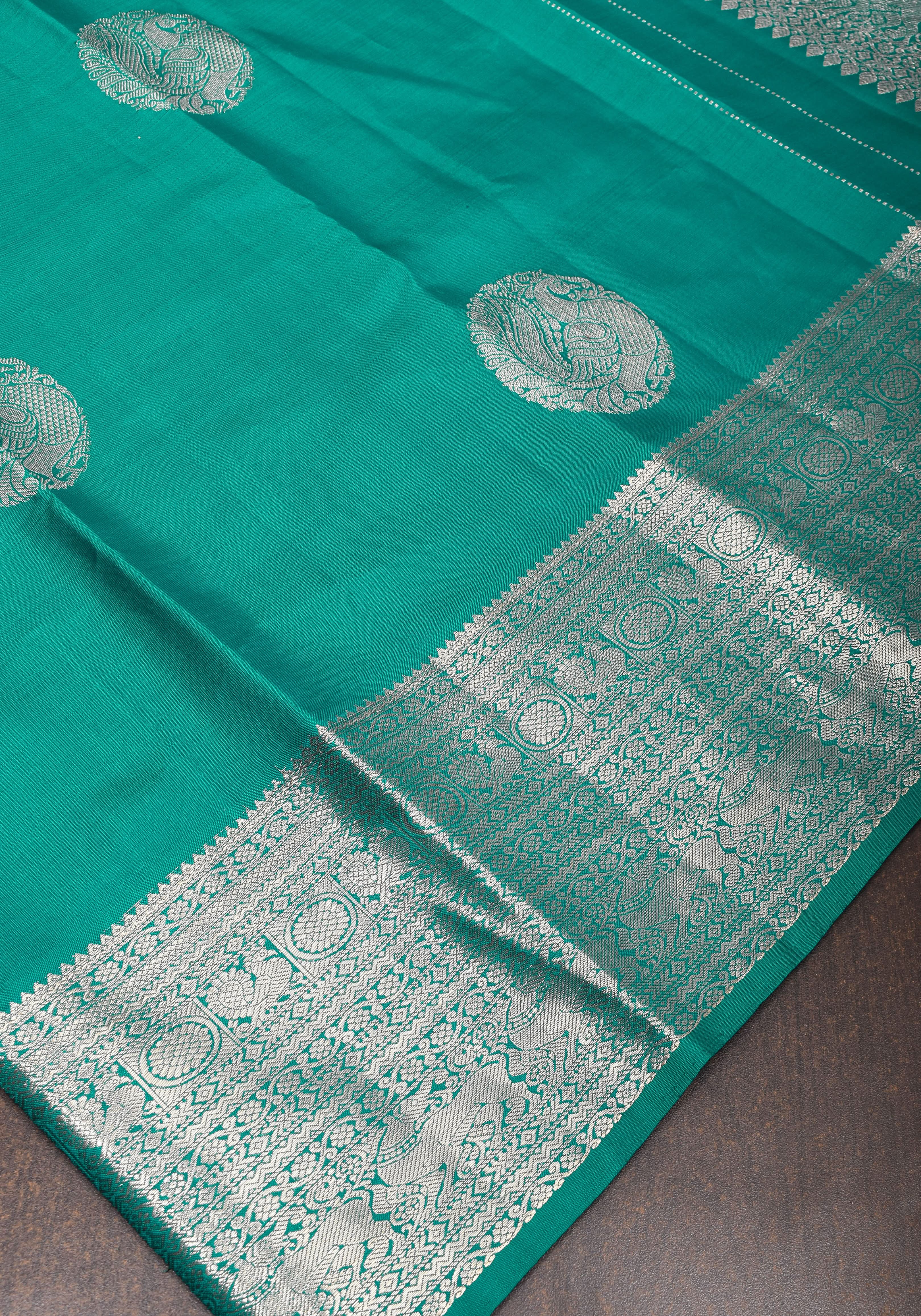 Teal Kanjivaram Silk Saree with Mandala motifs and 6.2" wide Silver Zari Border | SILK MARK CERTIFIED view 2