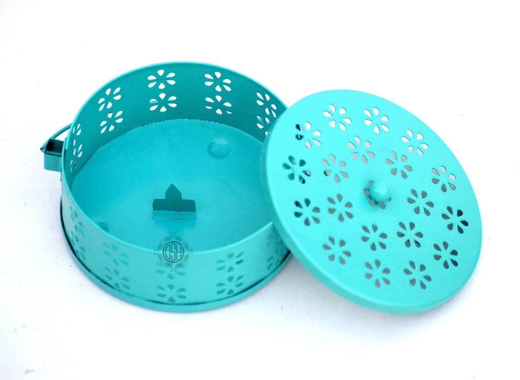 Mosquito Coil Box with Handle Metal Hollow Out Mosquito Coil Holder Fireproof Incense Round Shape Coil Incense Burner (Sky) view 2