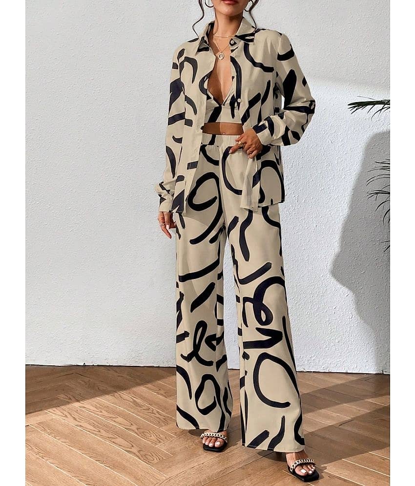 COOL AND CASUAL Women Printed Top With Palazzos Co-Ord Set ( Beige ) view 2