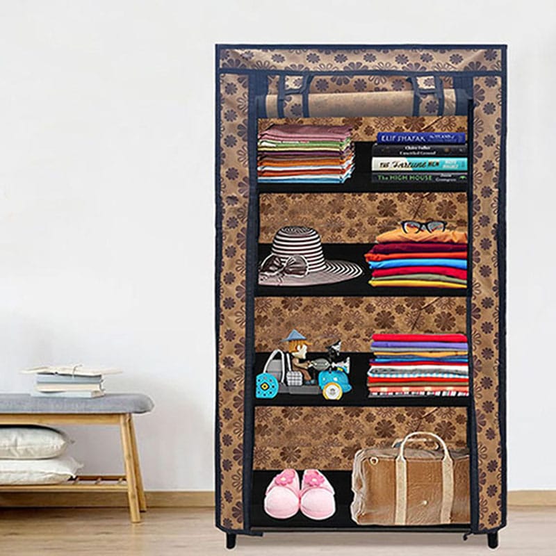 PHILOSHOP 4-Shelves Durable Metal Frame Modular Collapsible Wardrobe with 10-Inch Gapping in each Shelf & 100 GSM Fabric in Multicolor