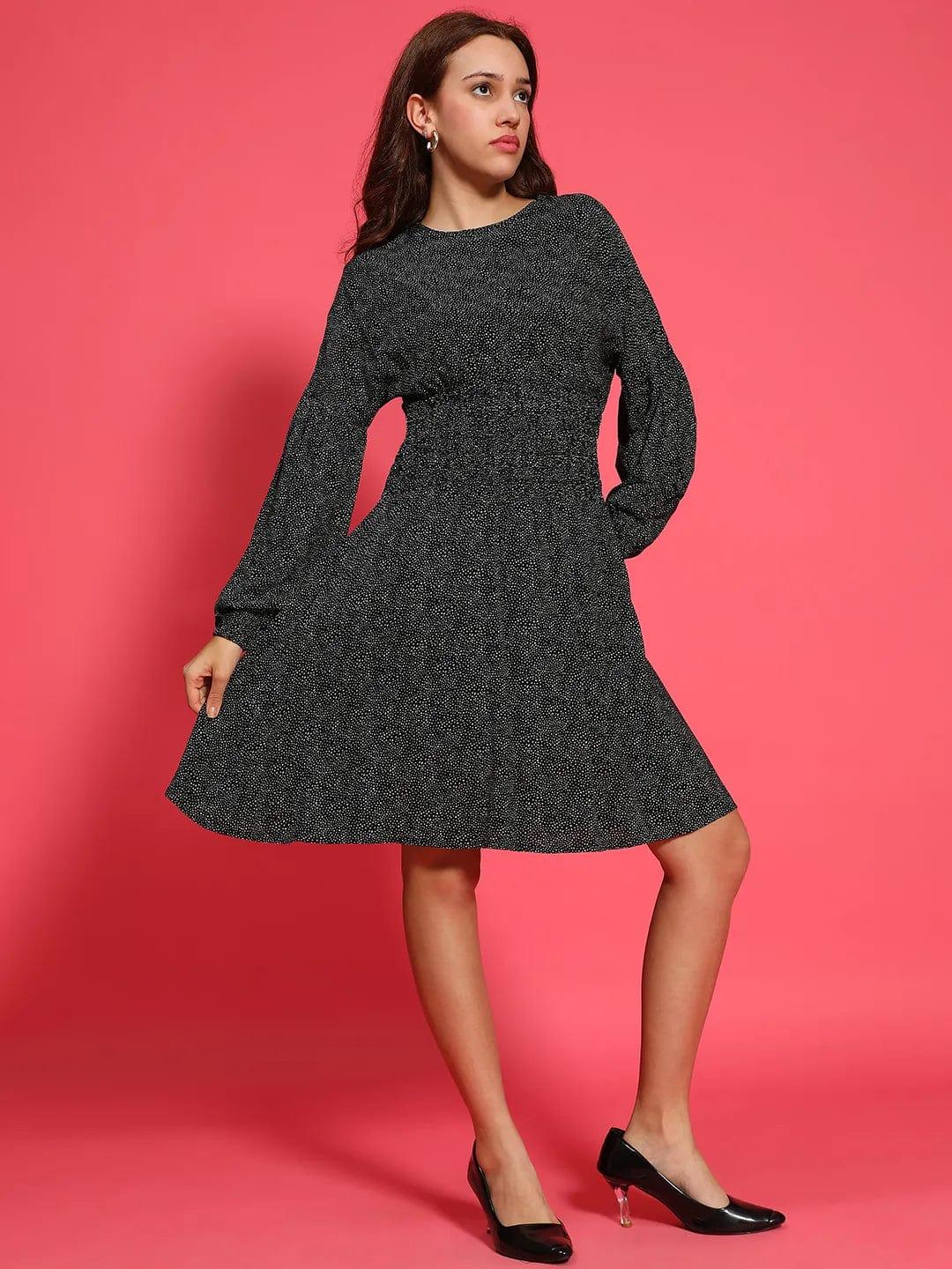 Hey Black Floral Print Round Neck Long Sleeve Smocked Knee Length Women Dress view 2
