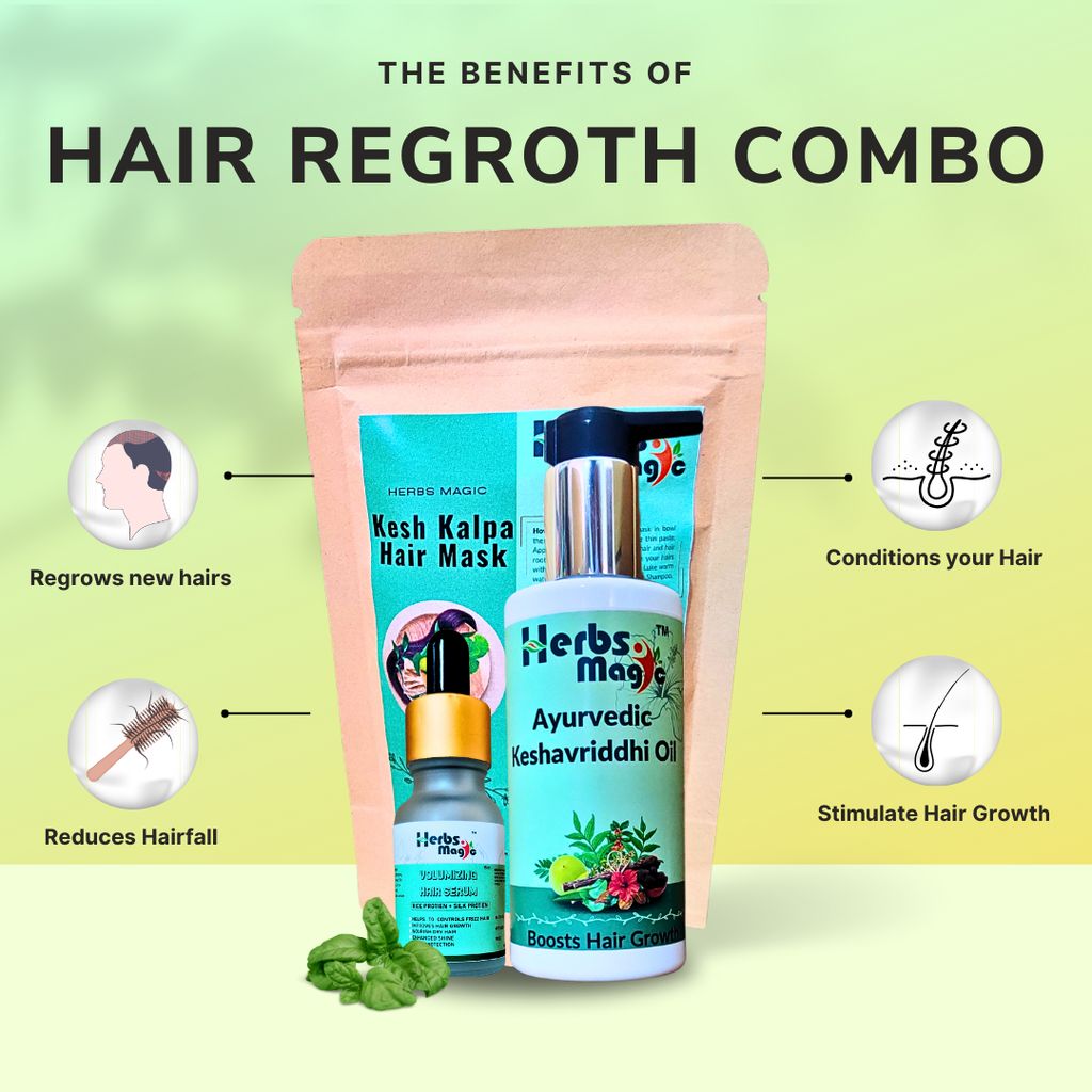 Herbs Magic Ayurvedic Hair Restoration combo | Keshavriddhi Hair Oil, 100ml, Neem Soap, 80gm, Kesh Kalpa Hair Mask, 70gm and Hair Regrowth Serum, 15ml | Complete Hair Care Combo for Reducing Hair Fall and Promoting Hair Regrowth view 2
