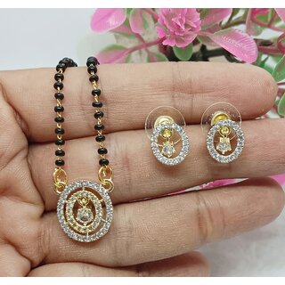 Premium Quality AAA CZ Stones Round Shape Mangalsutra Earrings Chain Set view 2