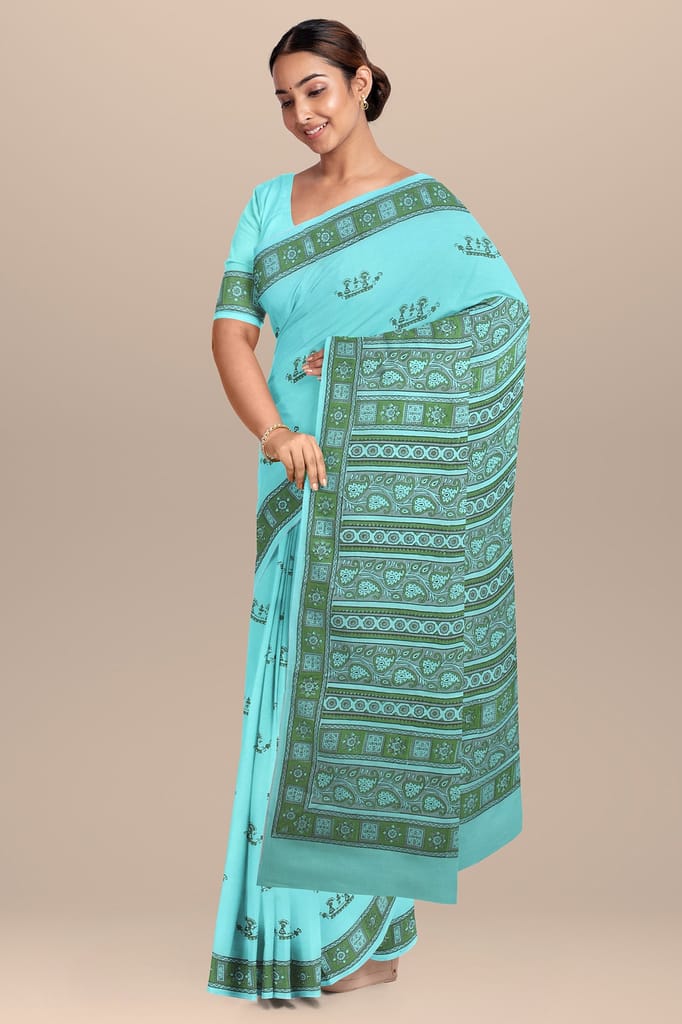 Mint Green Tribal Motif Hand Block Print Malmal Cotton Saree SKU-AS10029 view 2