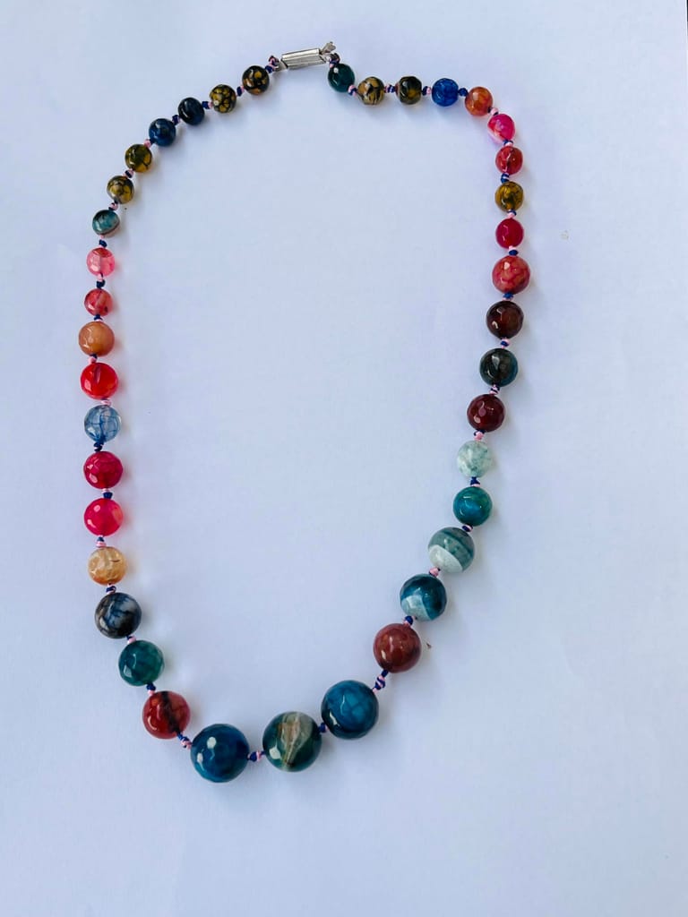 TULIP Traditional Artisians' Upliftment Livelihood Program Handcrafted Multicolor Agate Beaded Necklace, Blue and Pink Gemstone Statement Jewelry, Graduated Round Beads view 2