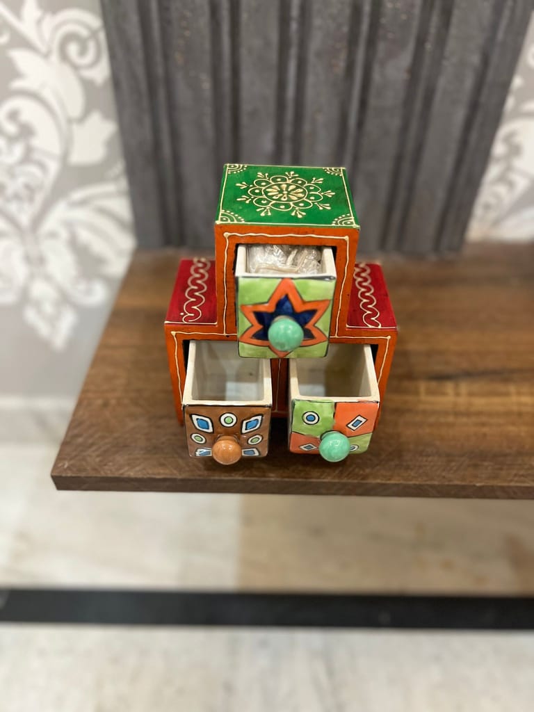 Wooden vintage painting 3 Knobs Ceramic Drawer Chest with Wooden Case,Handcrafted Ceramic 3 Drawers and Knobs view 2