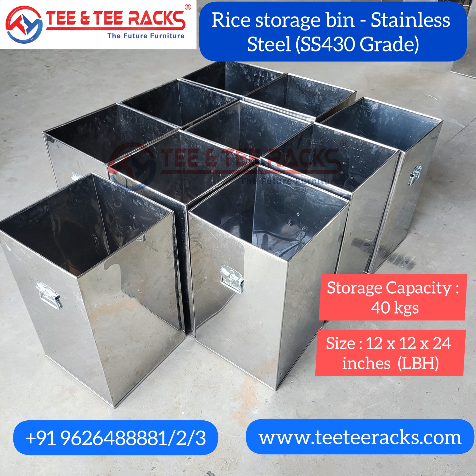 Rice Stainless Steel Storage Bin - 40 Kg Capacity
