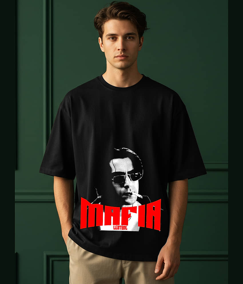 Leotude Men Cotton Blend Oversized Fit Printed T-Shirt ( Black ) view 2