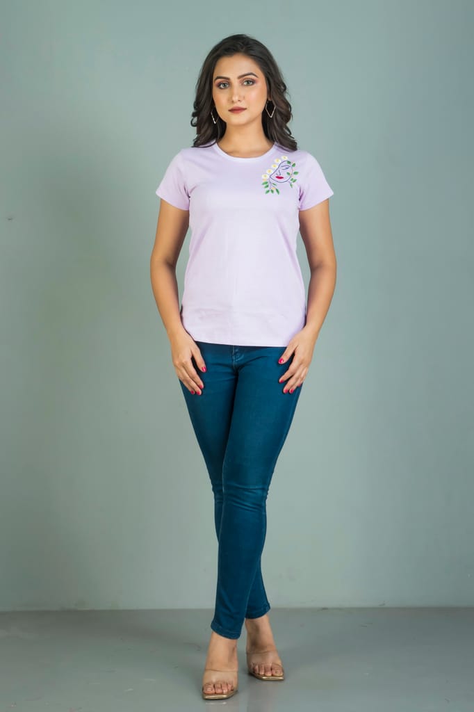 Lavender coloured hand embroidered Women’s cotton T shirt view 2