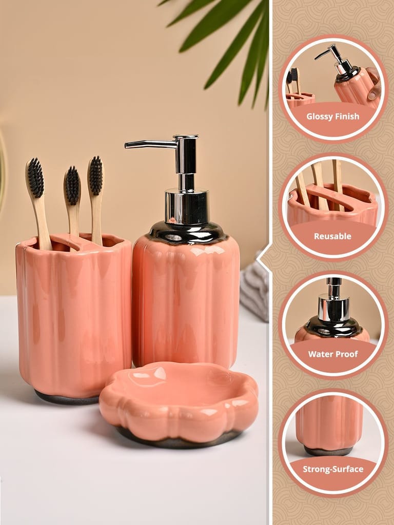 VON CASA 3Pcs Peach Printed Ceramic Bathroom Set view 2