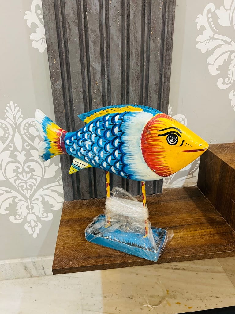 Wooden handpainted 38 cm Fish Sculpture Home Décor – Handmade Fish Statue on Base Stand - Sea Nautical Beach House Décor Art Piece – handpainted rustic Centerpiece Table Décor for Office, Living Room view 2