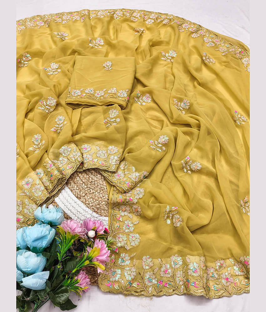 VEDANT VASTRAM Georgette Embroidered Regular Saree With Unstitched Blouse Piece ( Yellow )