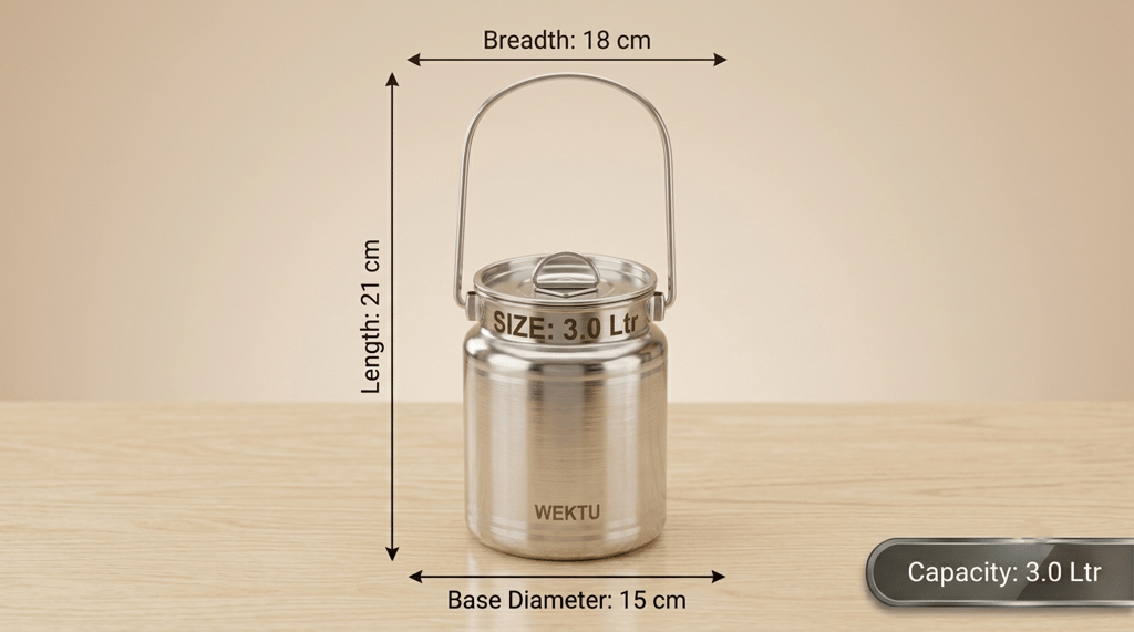 WEKTU Premium Stainless Steel Barni Dolu with Airtight Leak-Proof Lid & Foldable Handle | Heavy Duty Mirror Finish Metal Milk Can & Kitchen Storage Container | Available in Multiple Sizes (1L, 1.5L, 2L, 2.5L, 3L, 4L, 5L) view 2