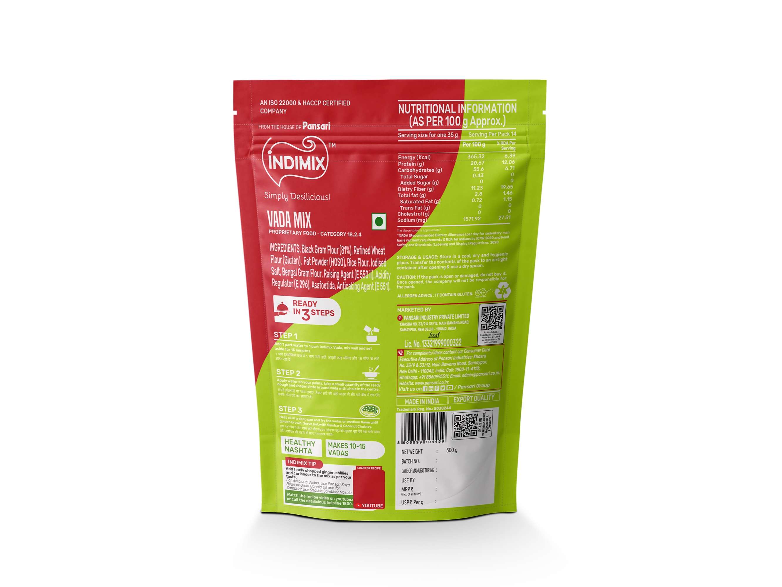 INDIMIX Instant Ready to Cook Vada Mix, Ready In 3 Steps, Healthy & Tasty 500g - Pack of 2 view 2