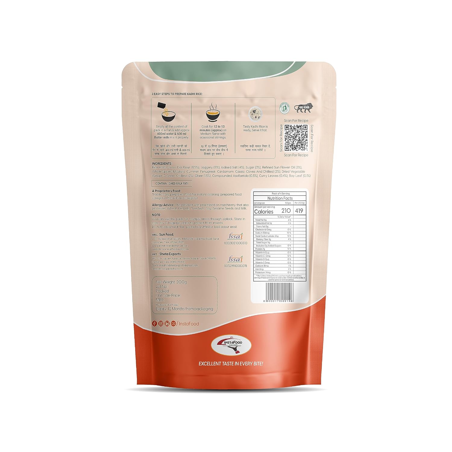 INSTAFOOD Kadhi Bhat | Ready to Eat & Cook Meal | 3-4 Servings | After Cooking Gets 1 kg to Serve | Zip Lock Packaging | Vegetarian Meal | Just Add Butter Milk and Cook, 200 gm view 2