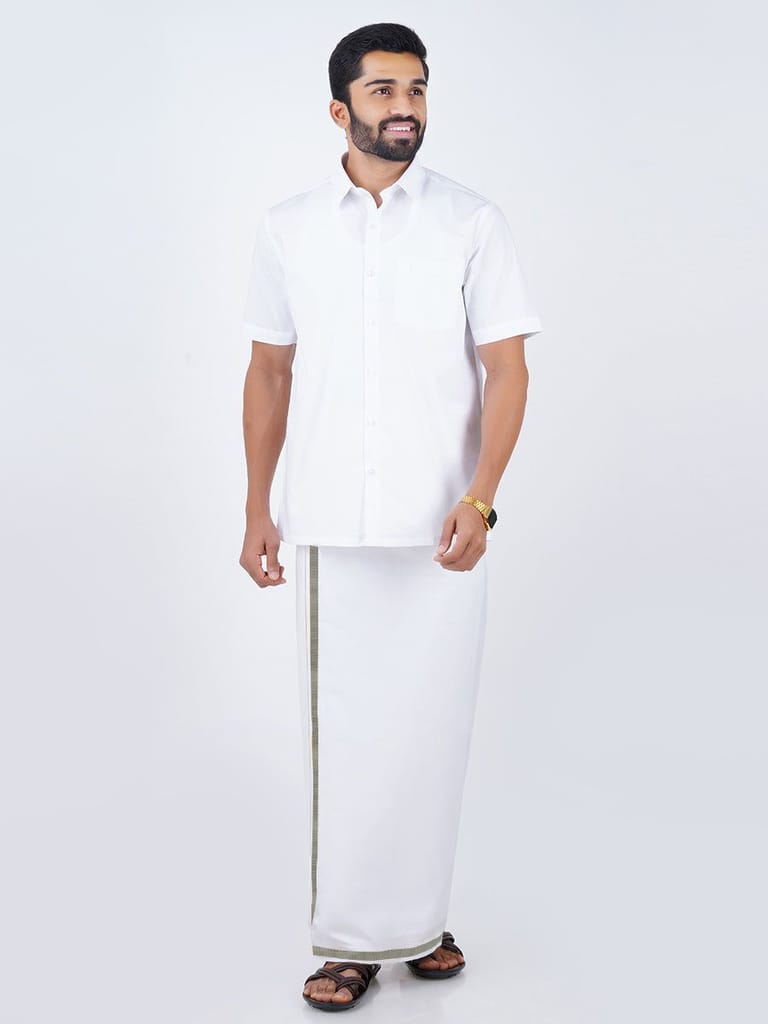 Mens Cotton White Shirt Bit with 3/4" Silver Jari Dhoti Combo Oscar view 2