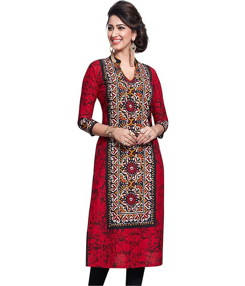 Jevi Prints Red Cotton Straight Kurti