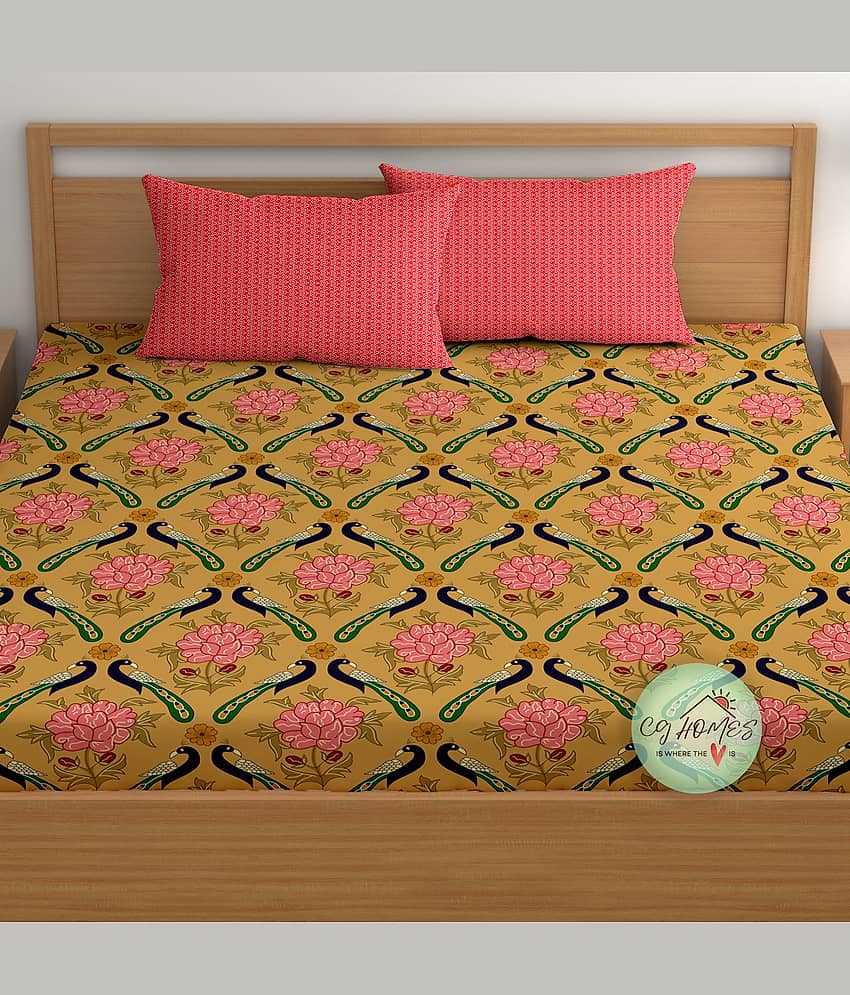 CG HOMES Cotton Floral Fitted Fitted bedsheet with 2 Pillow Covers ( Double Bed ) - Brown view 2