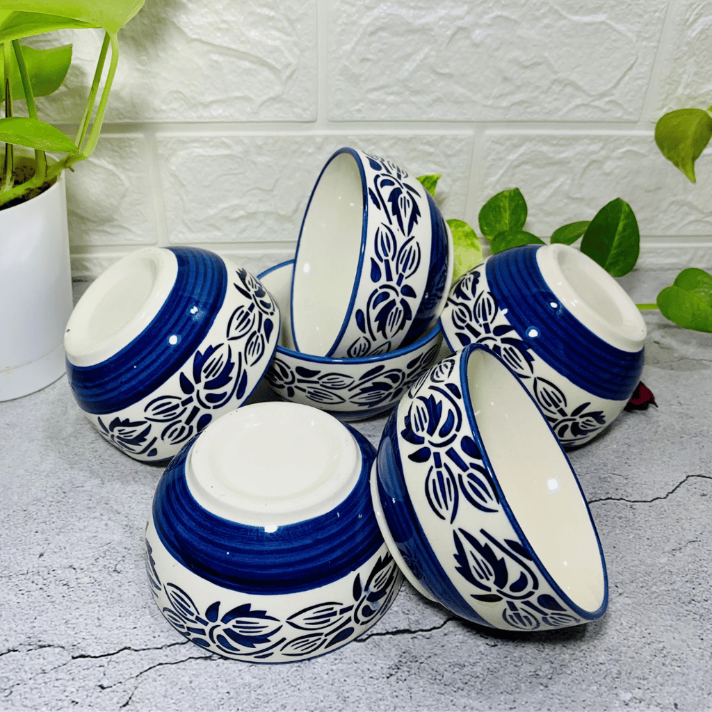 Homefrills Blue Petal Design ceramic Bowl Set 6 pcs for Serving Dessert, Dip Sauce, Salad Dressing, Chutney, Halwa, Pickle/Achar etc.Microwave & Dishwasher Safe.Aprox 150 Ml Each view 2