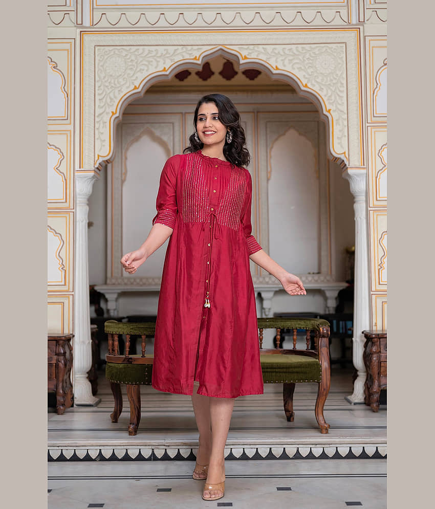 Juniper Pack of 1 Rayon Embroidered A-line Women's Kurti - ( Maroon ) view 2