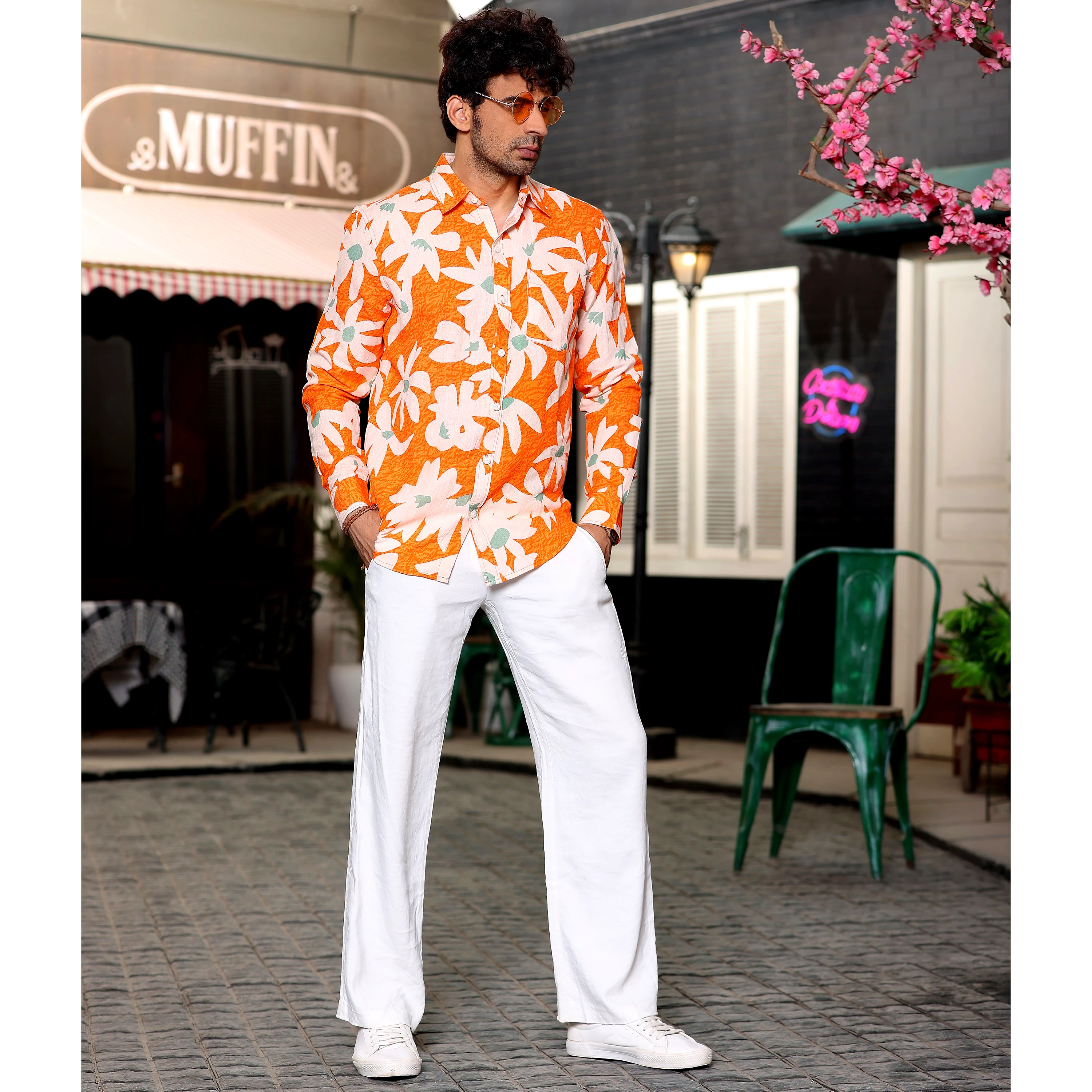 Lily Flower Orange Casual Pure Linen Full Shirt (Size - XL) by BLUE EAGLE view 2