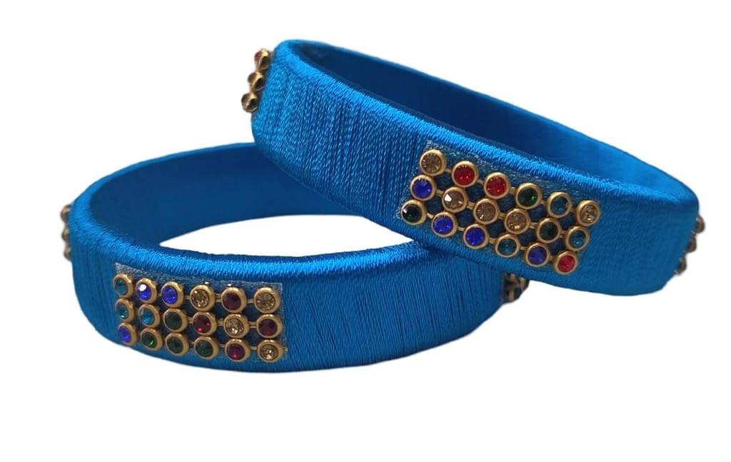 Blue Silk Thread Bangle Set with Stone Work - Set of 2 view 2