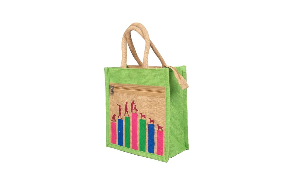 Green Jute Tiffin Bag with Colorful Printed Design view 2
