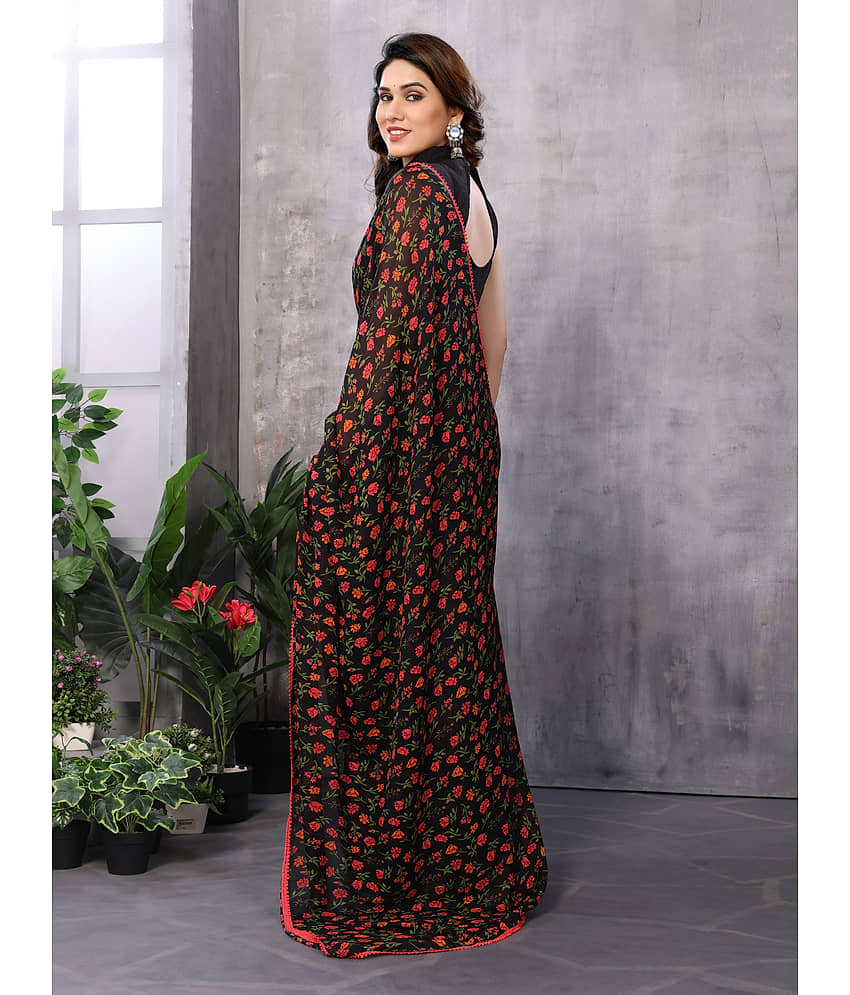 BLEESBURY Georgette Printed Saree With Unstitched Blouse Piece ( Black ) view 2