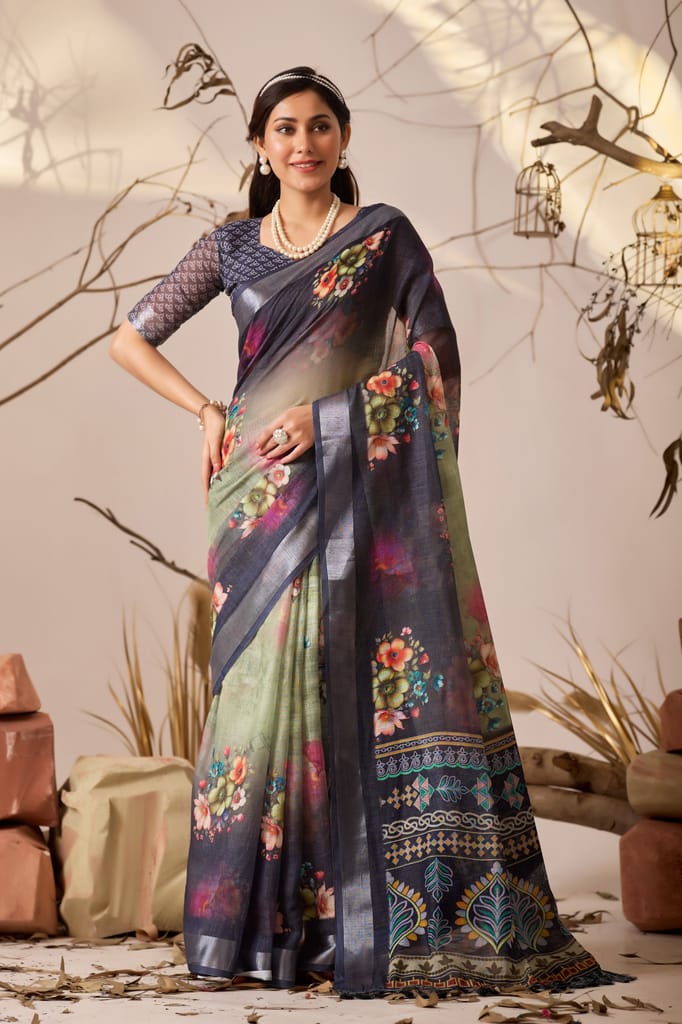 Elegant Floral Printed Linen Blend Saree with Zari Border
