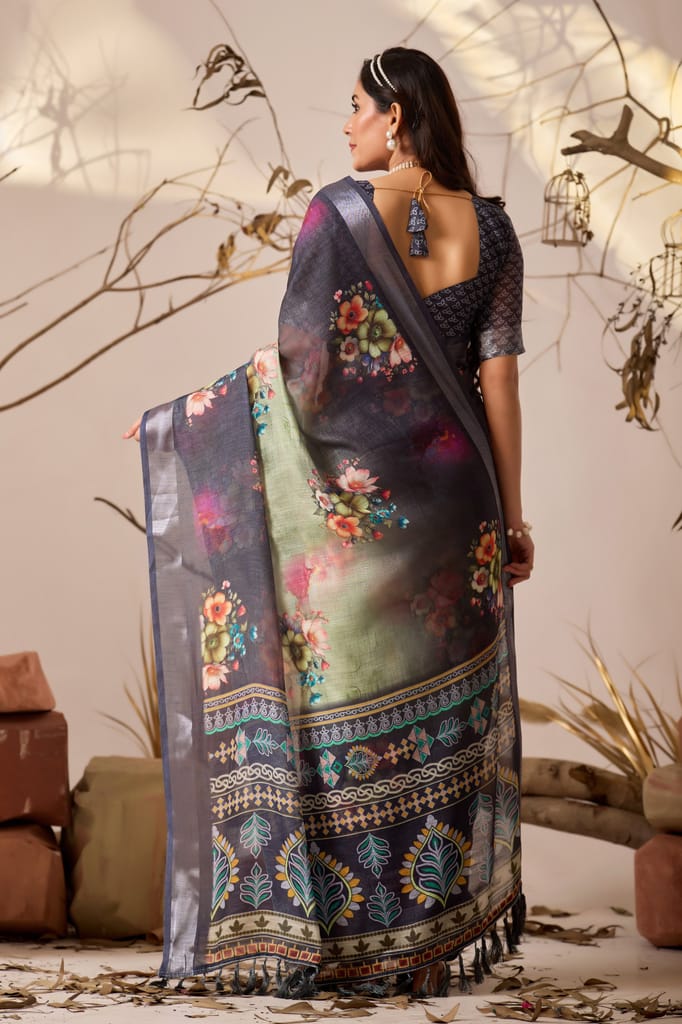 Elegant Floral Printed Linen Blend Saree with Zari Border view 2