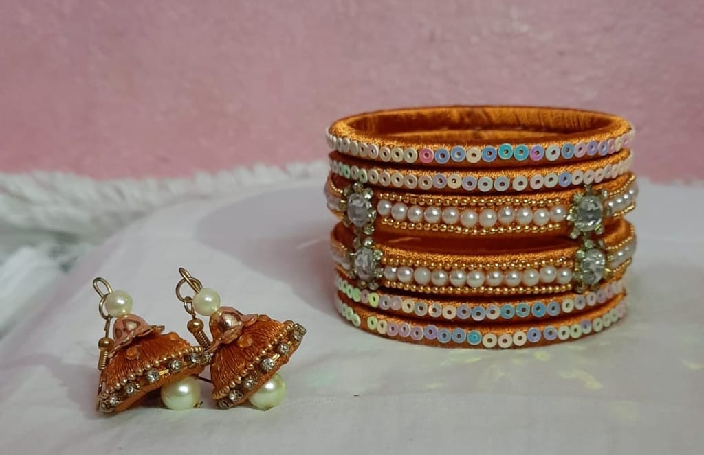 Orange Silk Thread Bangle Set with Pearl view 2