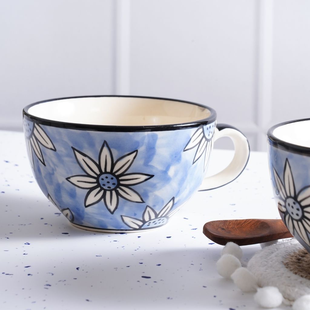 STOREPEDIA Handmade Floral Print Ceramic Soup Coffee Mug Cup Set of 2, 400ml Microwave Safe Jumbo Coffee Milk Soup Tea Chai Mugs Cups for Daily Home Office Use, Jumbo Large Size Blue Color view 2