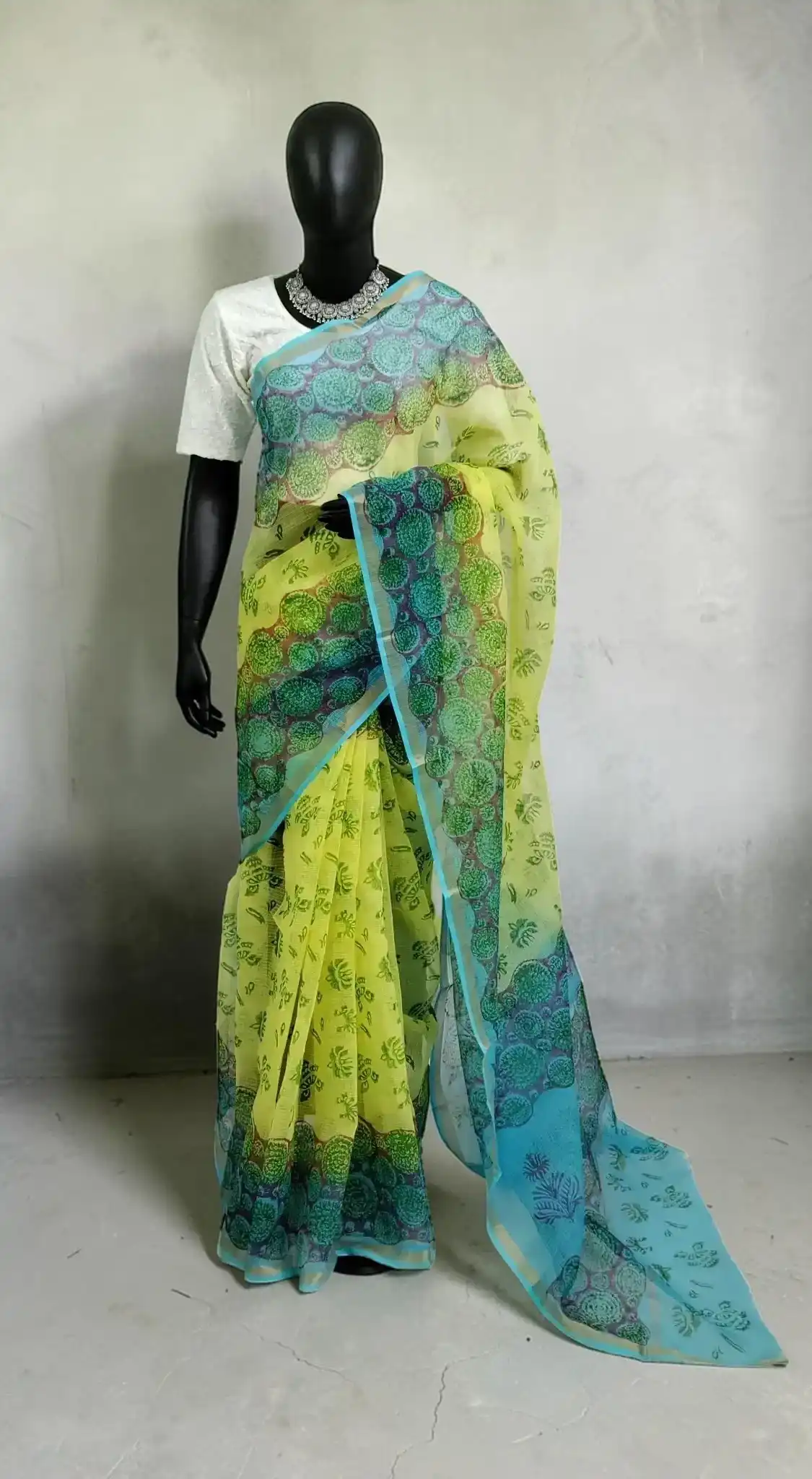 Handwoven Kota Doria Block-Print Saree in Green and Blue