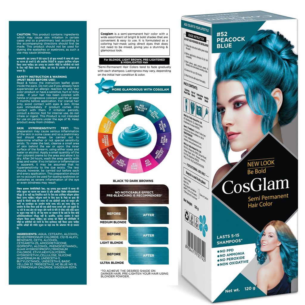 COSGLAM Semi Permanent Hair Color, No Peroxide, Non Oxidative, Ammonia Free Hair Colour 52 Peacock Blue - 120gm view 2