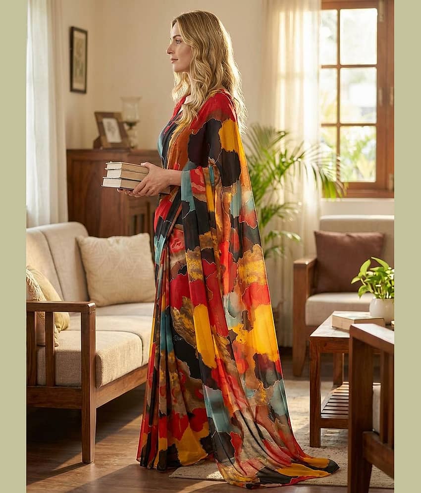 ANAND SAREES Georgette Printed Kasavu Saree With Unstitched Blouse Piece ( Multicolor ) view 2